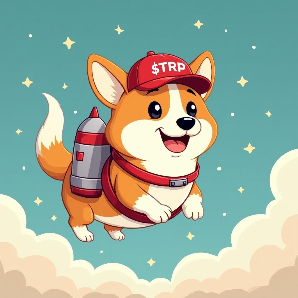 Corgi dog with a rocket backpack smiles. Whimsical cartoon style. Wearing red baseball cap labeled $TRP. Bright sky with stars and clouds. Red and white rocket. Playful energy with space theme.