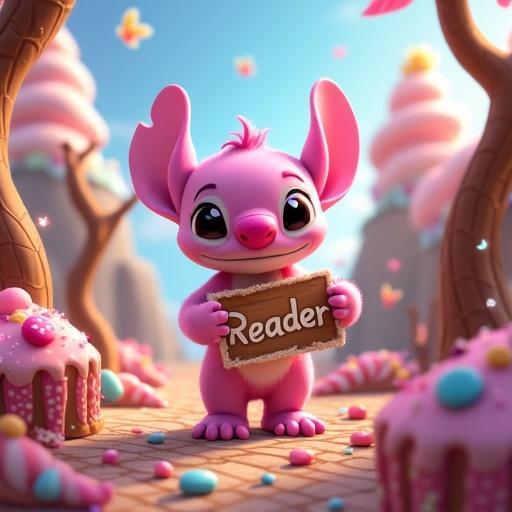 Angel from Lilo & Stitch stands cheerfully in a candy paradise. Holding a wooden sign with Reader. Surrounded by ice cream cone mountains. Jellybeans scattered on a chocolate bar path. Peppermint trees and gumdrop flowers dot the area. Rainbow syrup waterfall in the background. Floating candy butterflies and sparkles in the air.