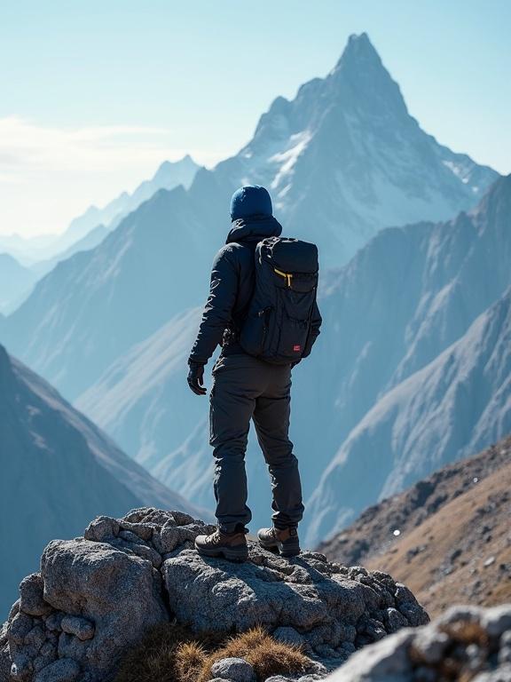 Hiker on a mountain peak overlooking vast mountain range