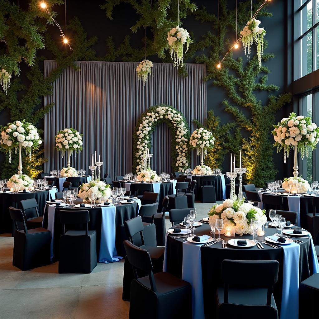 Elegant indoor garden wedding setup featuring black and dusty blue colors. Roses peonies lilies on tables. Ceremony arch with flowers. Twinkling lights and candleholders creating a magical atmosphere.