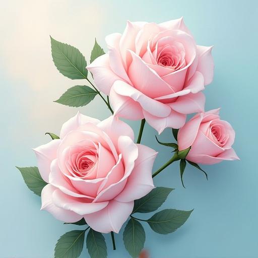 Painting of three light pink roses arranged with green leaves. The background is light aqua and white. The scene is bright and soft in appearance. No dark shadows are present.