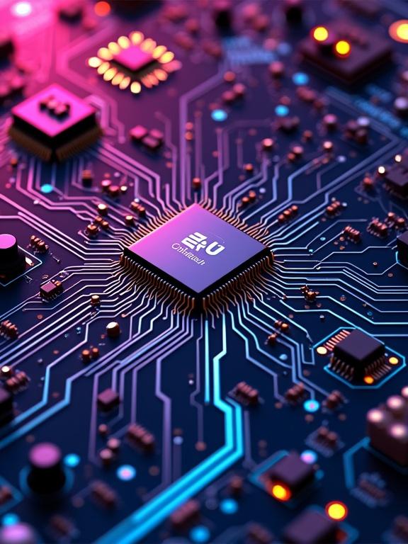 Vibrant close-up of a microchip on a circuit board. Bright neon lights illuminate intricate pathways. Colors blend together creating a modern tech feel.