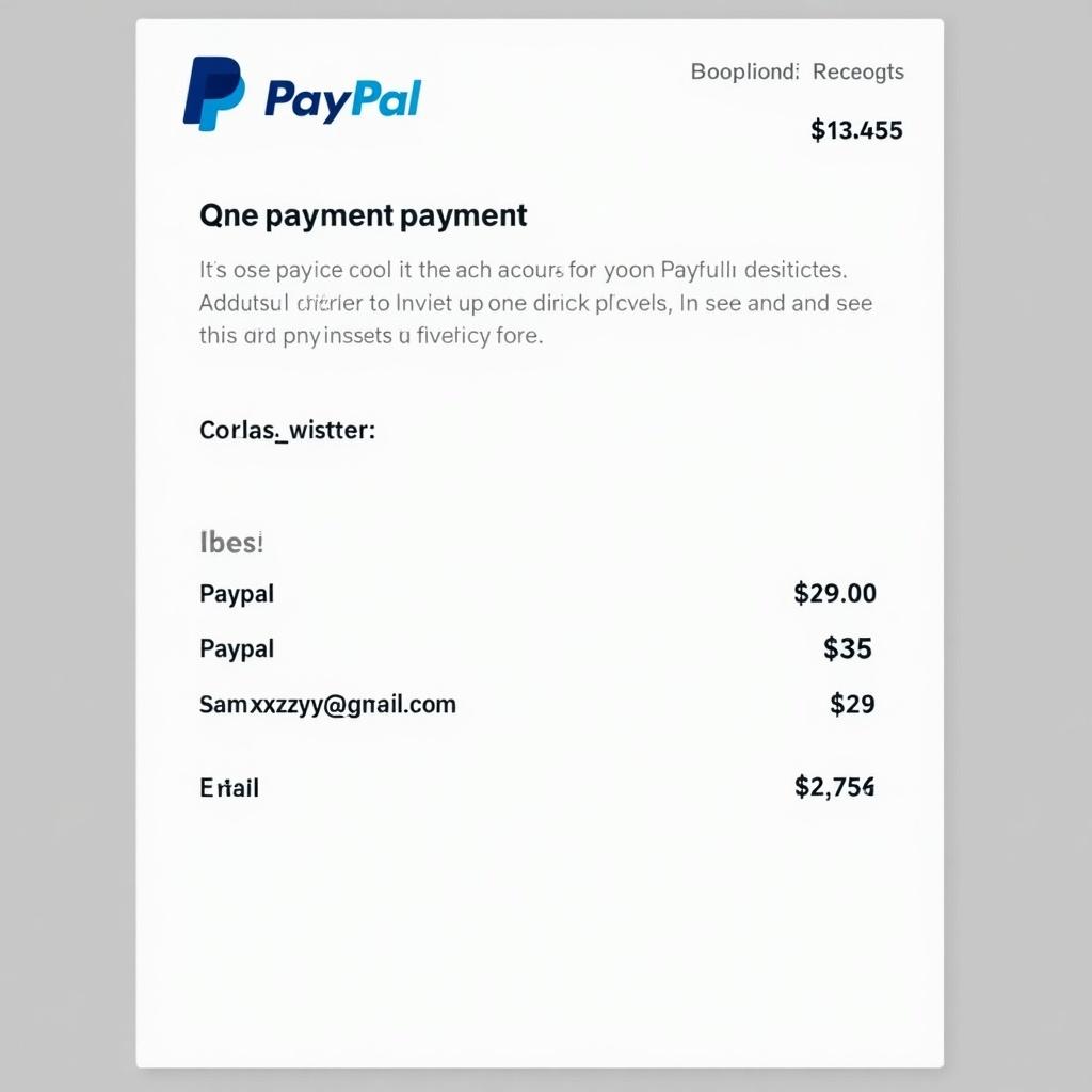 Image of a PayPal payment receipt with transaction information. Includes payment details for a transfer to a specified email. Shows amounts and usernames.