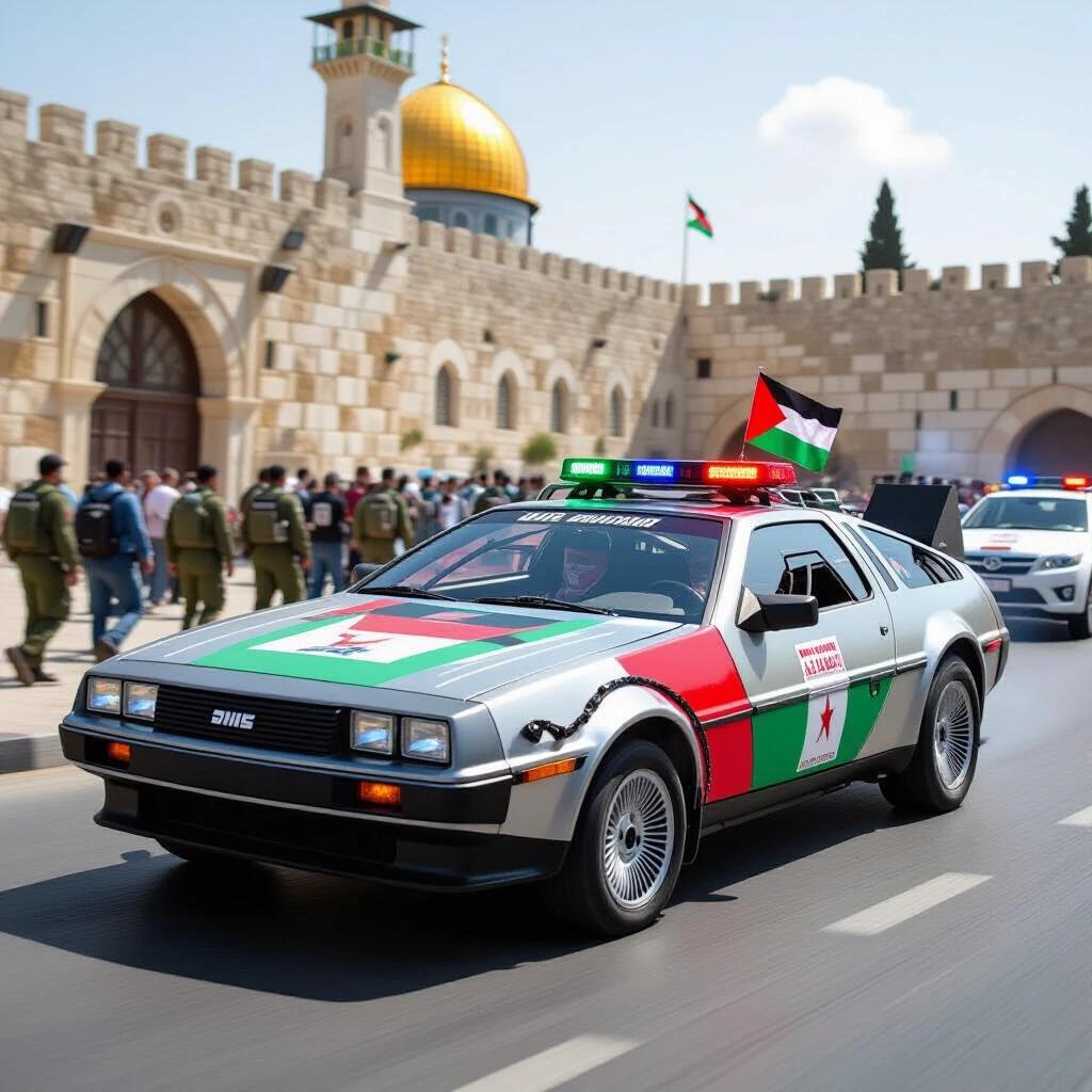 An extreme close up of a Delorean racing through Jerusalem. The scene captures the car outfitted with a Palestinian flag paint scheme. IDF soldiers visually chasing it. The backdrop shows Damascus Gate. Energy and tension are evident in the scene.