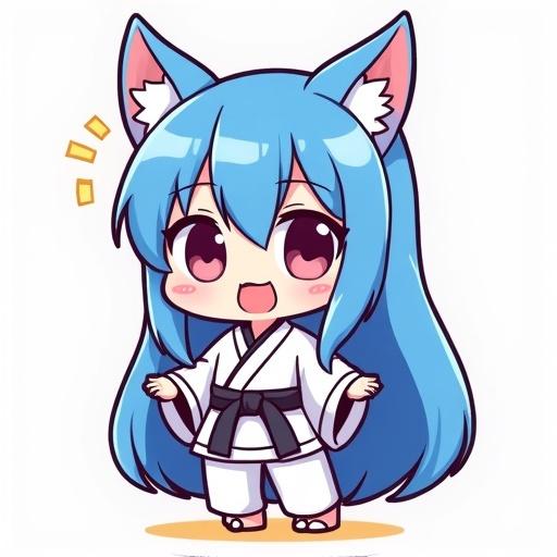 Cute anime character with blue hair wearing karate kimono. Character features animal ears. Chibi style is bright and cheerful. Clothing is school-like with a tie. Long hair is styled cutely.