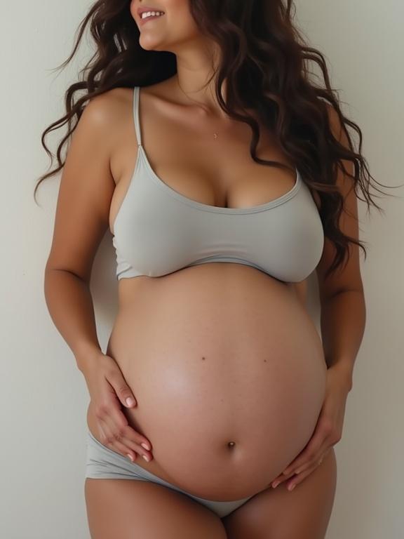 Portrait of an expectant mother in tight fitting clothes showcasing her belly. She has a slim waist and is smiling confidently. The focus is on the beauty of pregnancy.