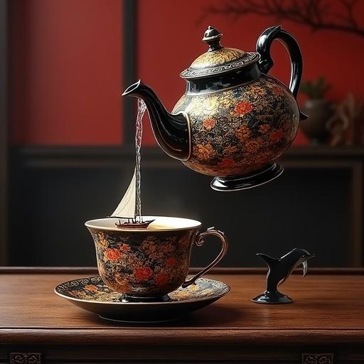 An ornate Japanese teapot pouring water into a teacup. The teacup has a tiny sailboat. A dolphin leaps out of the water. Dark wood table and shelf background. Photorealistic details with vibrant dark colors.