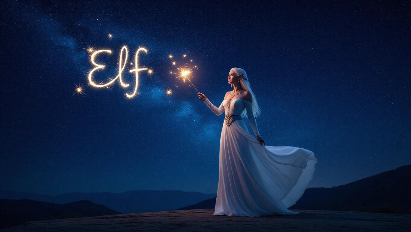 An elf woman stands in a magical night sky. She writes with a sparkler. Stars twinkle around her. The white dress flows elegantly. The image is ultra sharp 8k.