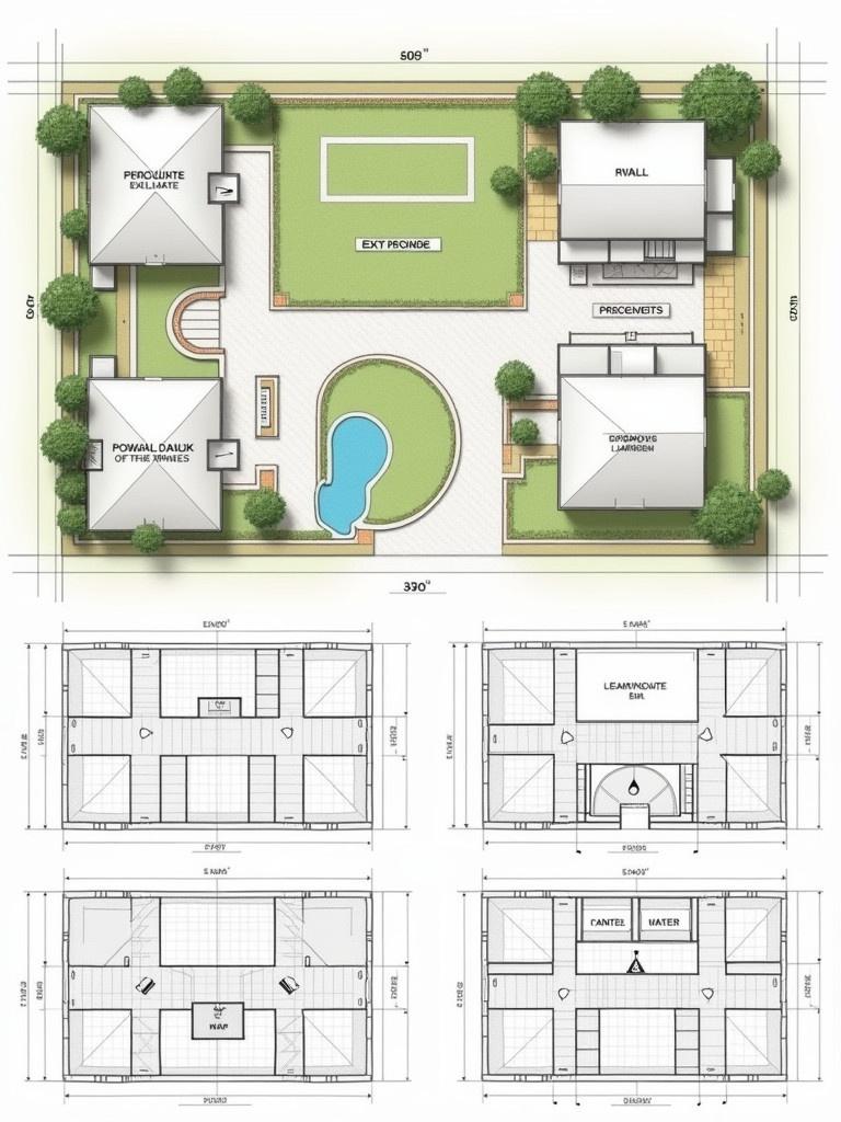 Drawing plan illustrates a functional farm layout on one acre. It includes designated areas for stables, dormitories, greenhouses, water facilities, and crop production. The layout features pathways and green spaces. Each area has symbols for crops and structures. The engineering drawing displays orthographic views including front, top, and side views with metric dimensions. Key features highlight circles, angles, and additional notations for radii and diameters. The image contains four distinct house layouts at 6 x 8 squares.