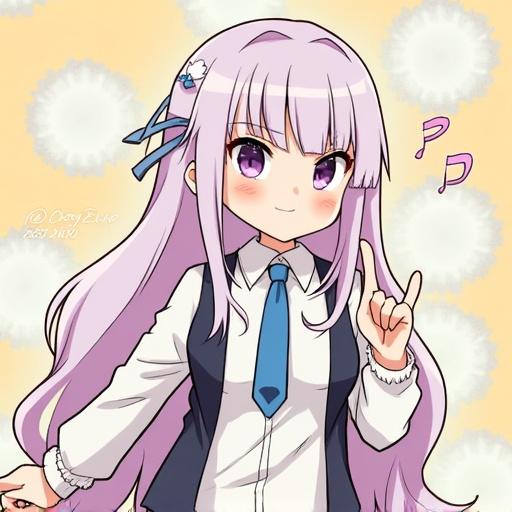 Anime character in a cute outfit with purple hair and accessories. She smiles while holding one hand up. The background features soft pastel colors.