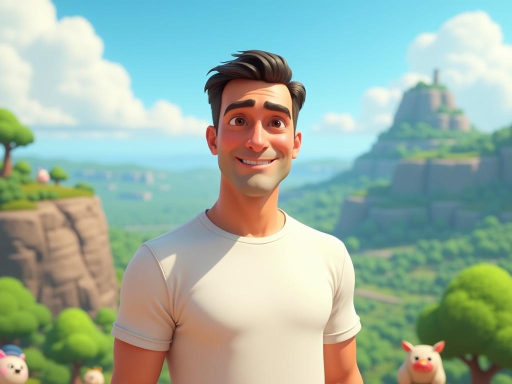 A Pixar-style animated image featuring a middle-aged man with short, dark hair and a light complexion. He wears a simple white t-shirt and stands confidently in front of a vast landscape. The background includes vibrant green trees, rolling hills, and a rocky cliff that adds depth, with whimsical sculptures visible in the foreground. The lighting is bright and cheerful, with fluffy clouds in a blue sky, capturing a sense of warmth and tranquility.