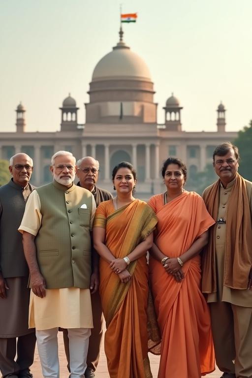 Hyper-realistic group photo of Indian political leaders in front of Indian Parliament. Tricolor flag in background. Leaders in traditional attire. Displaying realistic faces with soft lighting.