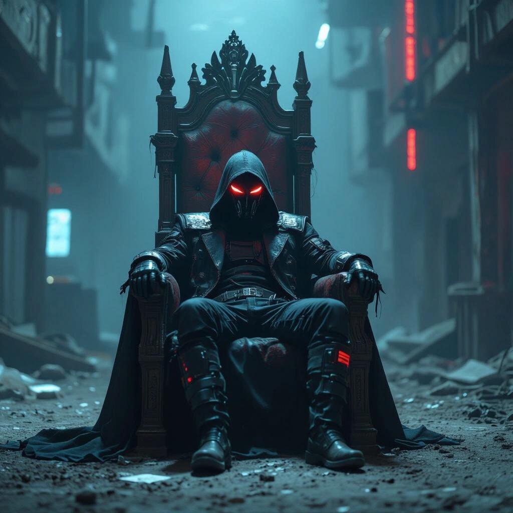 Portrait of a masked figure lounging in a crumbling throne within a dark warehouse. The setting has cyberpunk elements with ambient red and blue lighting.