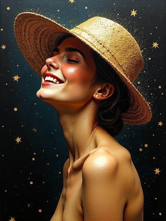 A smiling naked woman is wearing a golden hat resembling a lepiote. Background features a black canvas with golden sparkles and stars. Bright colors highlight the woman's silhouette. Art techniques include dripping ink and splattering, creating an abstract feel. The composition centers on the woman, showcasing happiness and beauty.