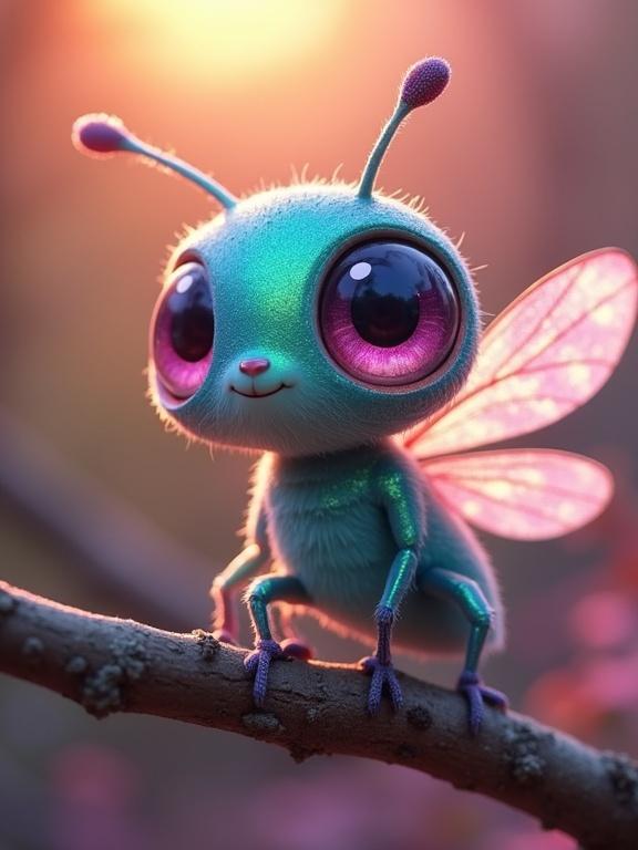 Charming fantasy insect resembling a dragonfly with vibrant iridescent colors. Large expressive eyes and fuzzy texture create a cute appearance. It rests on a twig amidst a warm, dreamy background. Overall impression radiates joy and curiosity.