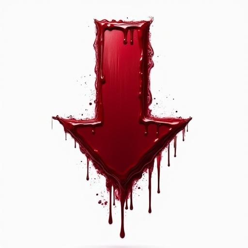 A downward pointing arrow painted in thick dark red paint. The paint looks like blood with drips and splatters. Texture appears viscous and glossy showing wetness. Background is minimalistic focusing on the arrow.
