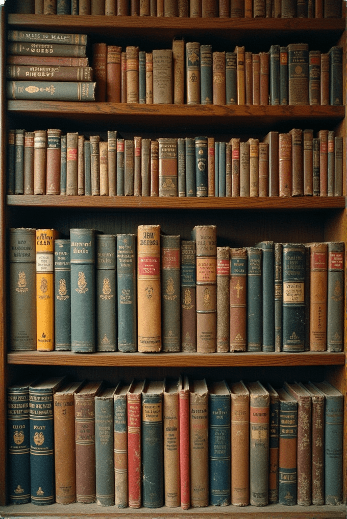 A wooden bookshelf filled with assorted aged books, showcasing diverse colors and visible wear, suggesting a rich history and collection.