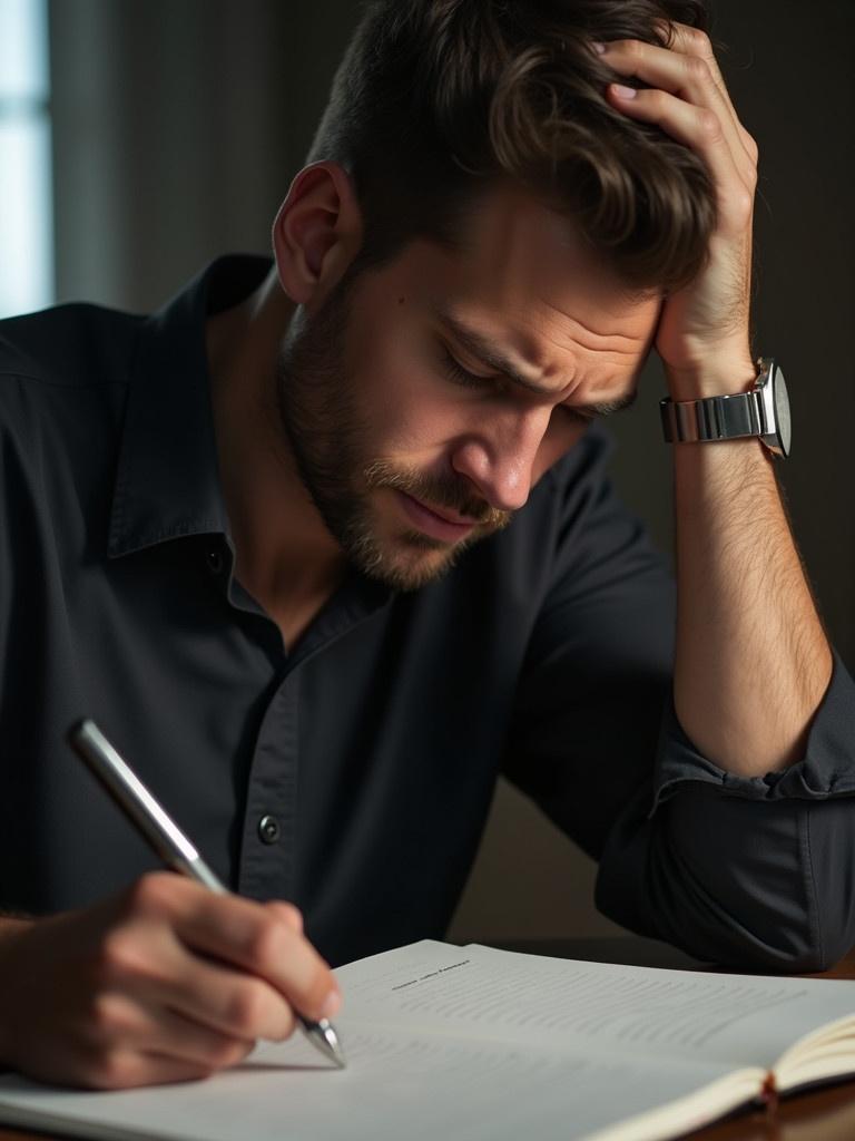 A man is seated at a table. He looks distressed and is writing in a notebook. He has a pen in hand. The lighting is soft and warm. There is a look of frustration on his face. The environment is dark and intimate.