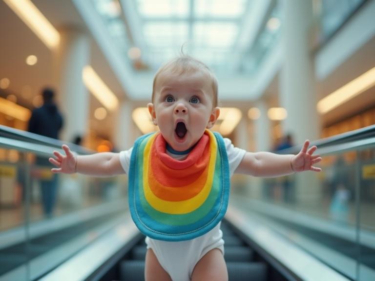 A surprised baby stands on an escalator in a shopping mall. Baby wears a rainbow bib and white onesie. Arms stretched out in surprise. Shallow depth of field with cinematic lighting. Horizontal format.