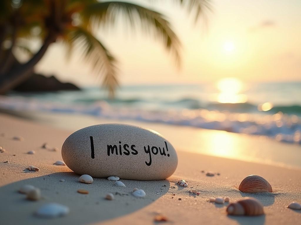 A cozy and romantic scene unfolds on a sunny beach. A smooth, rounded stone sits in the sand, showcasing the words "I miss you!" lovingly carved into its surface. The sun casts a warm glow, reflecting off the gentle waves in the background. Soft, white sands surround the stone, creating a serene atmosphere that invites contemplation. A few seashells and scattered pebbles add charm to the setting, while a slight breeze rustles through nearby palm trees.