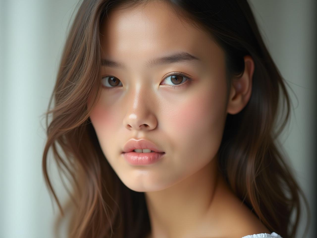 A portrait of a young woman with glossy milky skin, capturing her soft, delicate features. She has long, silky hair that gently frames her face, adding to her ethereal appearance. The lighting highlights her smooth complexion and emphasizes her natural beauty. Her expression is serene, with a slight hint of mystery, inviting the viewer to engage with her gaze. The background is neutral, ensuring that her features take center stage in this captivating image.