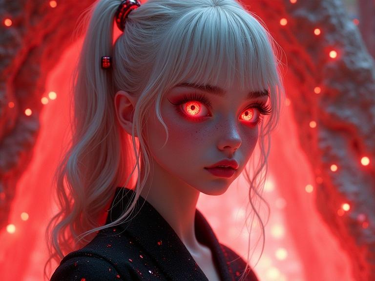 Bright surrealism art featuring a close portrait of a young female. Hypervivid iridescent glowing large red eyes. Long wavy silver hair with red stripes. Pale skin with red crystal patches. Wearing a black granite kimono. Standing in a shining cave with glowing red crystals and white particles.