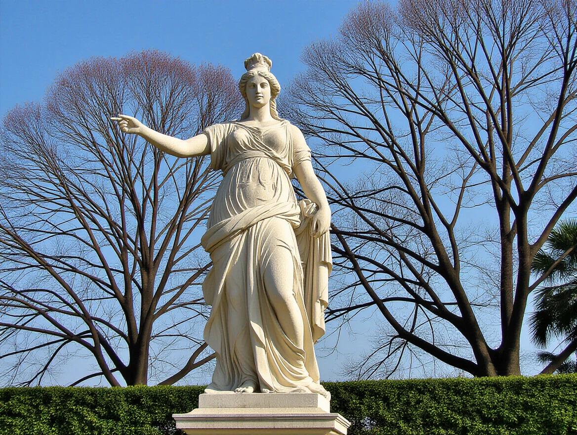 A tall neoclassical statue of a lady stands in a park. The lady is elegantly dressed and has a graceful posture. She points to the horizon. The background features leafless trees against a blue sky. The statue is surrounded by green hedges.