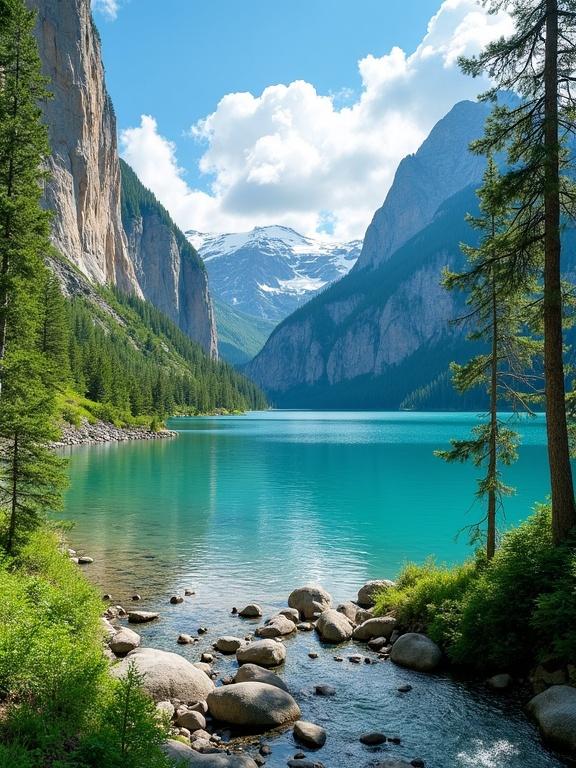 The image showcases a serene lakeside landscape with a turquoise lake. The lake features a smooth reflective surface. It is bordered by steep rocky cliffs and lush greenery. The clear calm water meets a small stream in the foreground. The stream flows over smooth rounded stones. The lake is framed by towering cliffs covered in green vegetation. Beyond the cliffs are rolling hills and mountains with snow-capped peaks. A bright blue sky with fluffy clouds is above. Tall trees frame the scene, adding depth and tranquility to the setting.