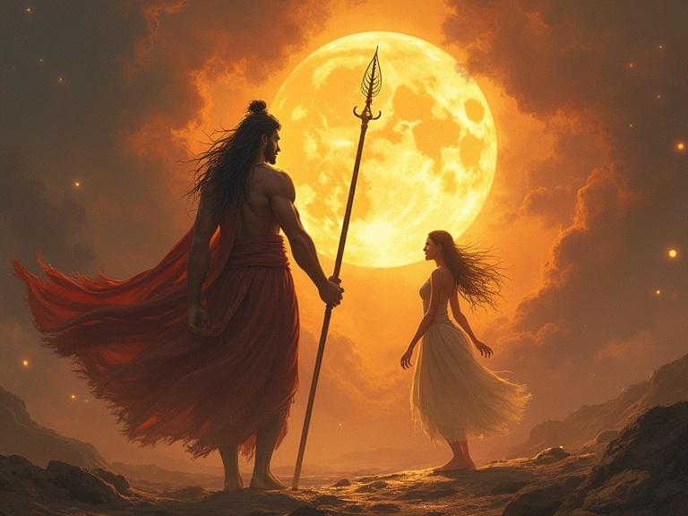 A scene depicting Nahusha, a strong and brilliant figure, beside Ashokasundari, a divine maiden. They stand against the backdrop of a large glowing full moon, representing mythological themes in Indian culture.