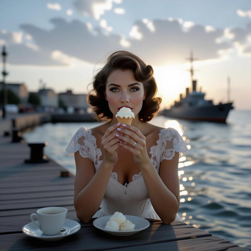 Photorealistic portrait set in 1943. Beautiful woman in knee-length lace dress. Eating vanilla ice cream on Black Sea coast. Full-body composition. Woman occupies 80% of frame. Sharp focus on hands. German Leica bokeh background. U-boat docked in haze. Shot with Leica IIIC camera. High-contrast black and white. Sunset light casting long shadows. Underlying wartime tension.