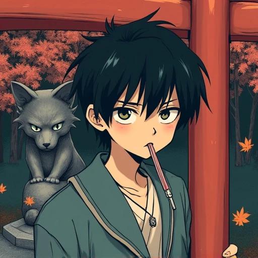 A delinquent boy in a school uniform leans against a torii gate. He has a straw in his mouth. The collar of his uniform is unbuttoned two buttons revealing a necklace. A fox stone statue is behind him. Fallen leaves spin at his feet. The background is a shrine. The atmosphere is rebellious and unruly.