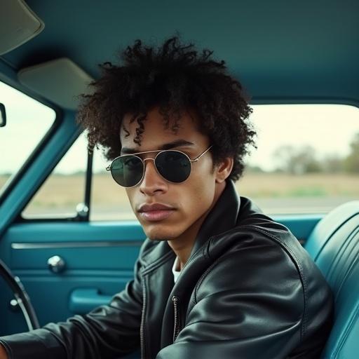 Biracial 20 year old male wearing a leather jacket and sunglasses sits in a vintage blue car. Classic 60s style car interior is visible. Young man has black curly hair. The scene captures a carefree and stylish vibe.