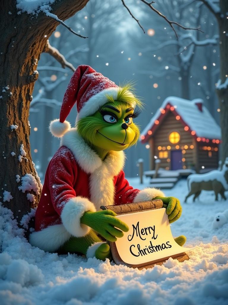 Grinch dressed in red and white outfit sits in snow outside cozy cabin. Holding Merry Christmas sign made of beautiful paper. Snowflakes gently fall creating a festive atmosphere. Warm lights shine from cottages in background, conveying a magical holiday spirit.