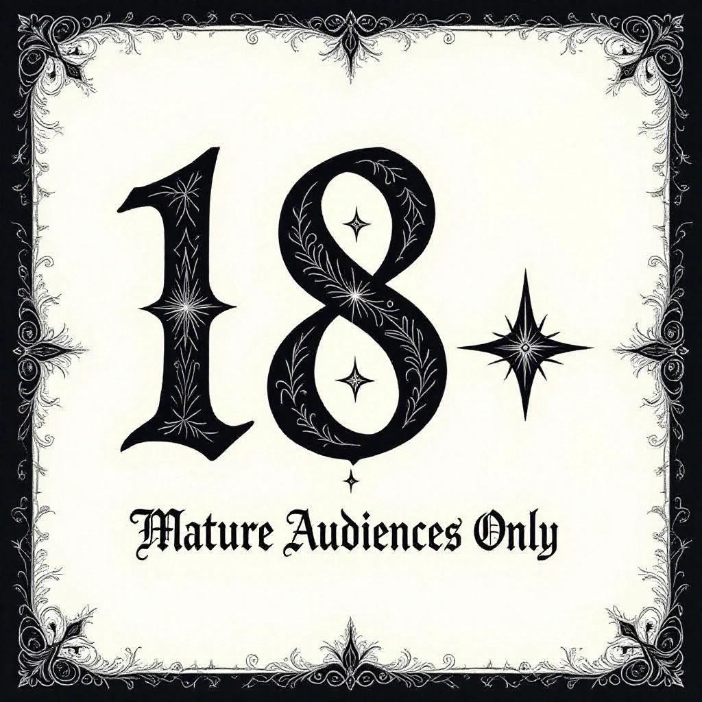 Text displayed as '18+' with 'Mature Audiences Only' in blackletter style. Enhanced with star shapes. White background with thick black border. High-contrast elements.