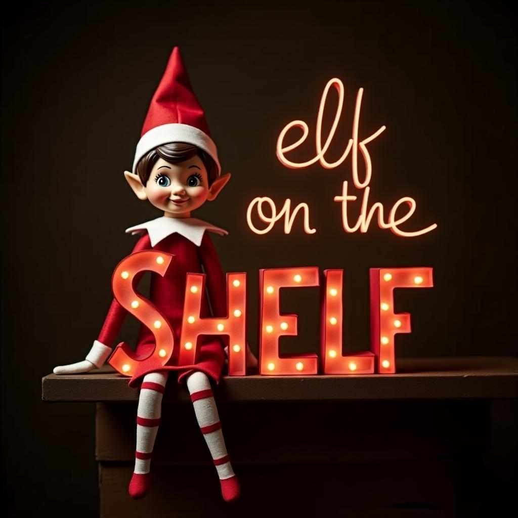 This image features an elf on the shelf character, dressed in traditional red and white attire. The elf is posed cheerfully next to bright, illuminated letters spelling out 'Elf on the Shelf'. Soft light creates a warm glow, enhancing the festive atmosphere. The dark background contrasts with the glowing text, making it stand out. The scene evokes feelings of magic and cheer associated with Christmas celebrations.