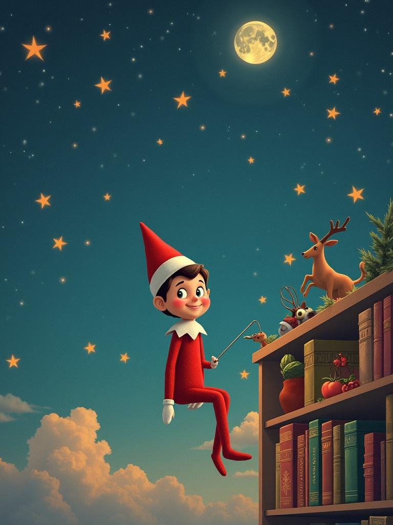 Elf on the shelf writing Goodbye Emilio in the sky filled with stars. The elf sits on a bookshelf. A full moon illuminates the night sky. The scene includes a reindeer and other decorations nearby.