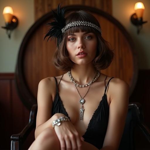 Photorealistic image of a young woman with a flapper bob hairstyle. She wears a jeweled headband and dark feathers. Necklace with a large pendant decorates her neck. Dangling earrings add elegance. Makeup is classic with accentuated eyes and soft lips. A silver bracelet adorns her wrist. She sits in front of dark wooden paneling resembling a barrel. Environment is softly lit, creating a sophisticated and seductive mood.