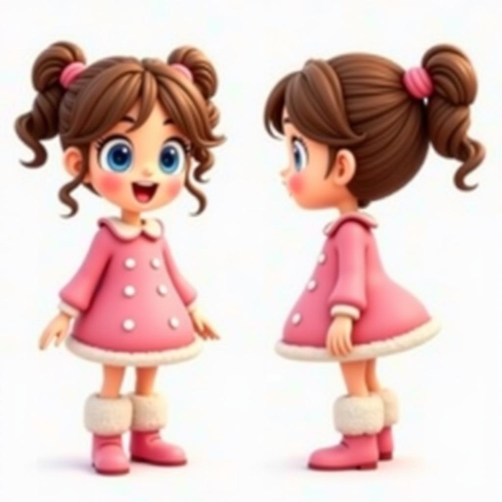 Cute cartoon character of a young girl shown from three angles. Brown hair in pigtails. Large expressive blue eyes. Wearing a candy pink frock and white fur boots. Cheerful demeanor suggesting curiosity.