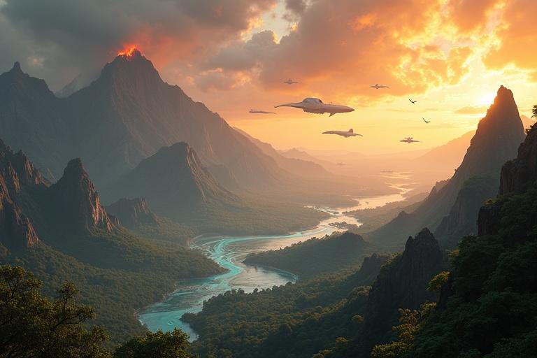 A panoramic view of a fictional landscape with volcanic mountains and jungles. Sky features auroras. Rivers flow through forests and tides. Floating islands hover over oceans as spirit creatures fly. Territory of two tribes depicts conflict.