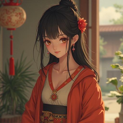 A beautiful Asian woman in traditional attire with intricate patterns. The focus is on her expressive face and elegant clothing. The style is realistic, full body depiction, showcasing cultural elements.