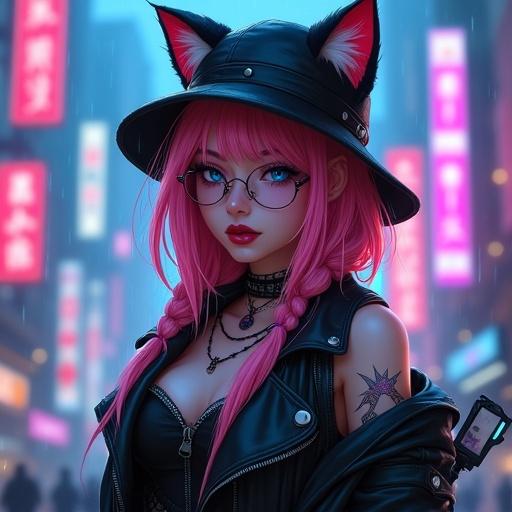 Female warrior character with long pink hair and red tips. Wearing a winter hat with cat ears. Leather jacket falls off shoulder and shows some decolletage. Gothic boots and fishnets. Hands with five fingers and painted black nails. Cybernetic tattoos on right leg. Glaive on back glows in blue and purple lightning. Set in futuristic city with neon lights.