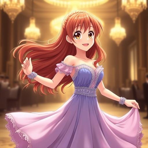 Asuna from Sword Art Online in an elegant ballroom gown wears off-shoulder design. Long chestnut brown hair with curls falls over shoulders. Warm hazel eyes sparkle with happiness. Soft pastel colors adorn gown with lace details. Posing mid-dance in grand ballroom, glowing chandeliers above.