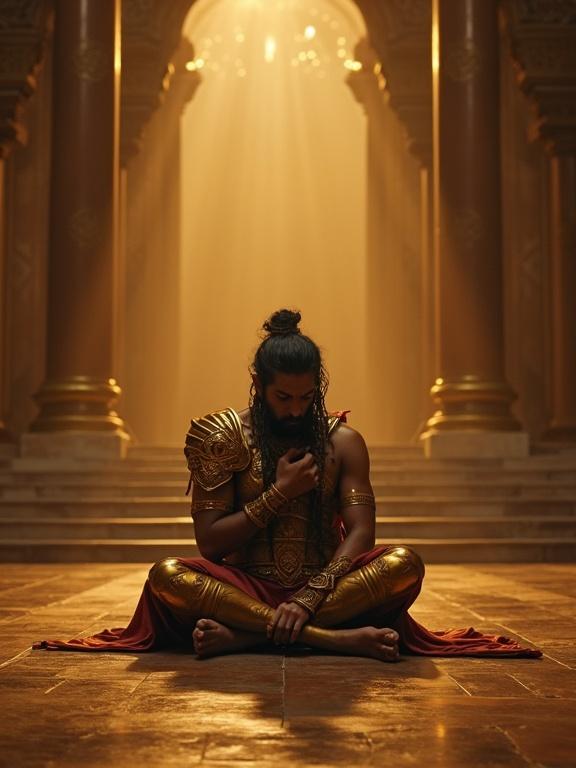 A grand ancient palace hall illuminated with warm golden light. Karna sits in the hall, wearing slightly dusty golden armor. His head is lowered with one hand on his chest and the other hand clenched on the floor. A soft divine light shines down on him symbolizing his inner truth. Silence surrounds him, reflecting strength and pain. Tears glisten in his eyes showing loyalty and responsibility. An untouched bow lies beside him.