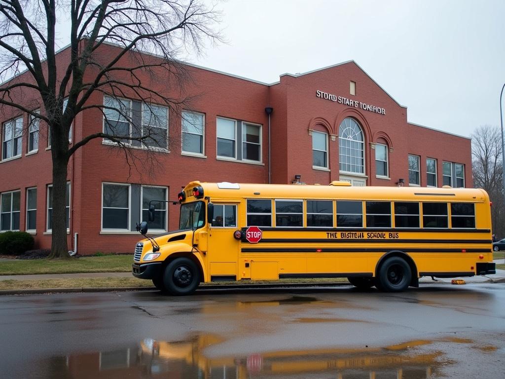 A red brick school building stands prominently with its large windows reflecting the light. In front of this school, a bright yellow school bus is parked, ready to transport students home after a long day of classes. The bus has its stop signs extended, ensuring safety for the children getting on or off. The area is quiet, with a few puddles left from recent rain, reflecting the overcast sky. Nearby, a bare tree stands, indicating it is likely winter. The school exudes a sense of warmth and readiness as the day winds down.