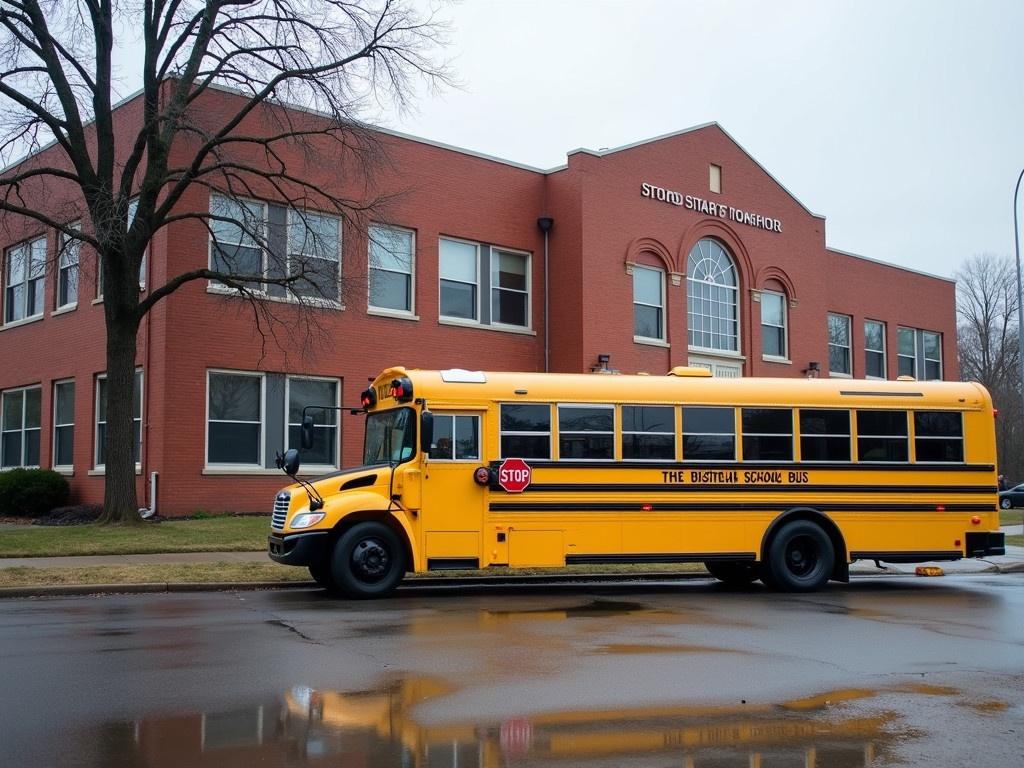 A red brick school building stands prominently with its large windows reflecting the light. In front of this school, a bright yellow school bus is parked, ready to transport students home after a long day of classes. The bus has its stop signs extended, ensuring safety for the children getting on or off. The area is quiet, with a few puddles left from recent rain, reflecting the overcast sky. Nearby, a bare tree stands, indicating it is likely winter. The school exudes a sense of warmth and readiness as the day winds down.