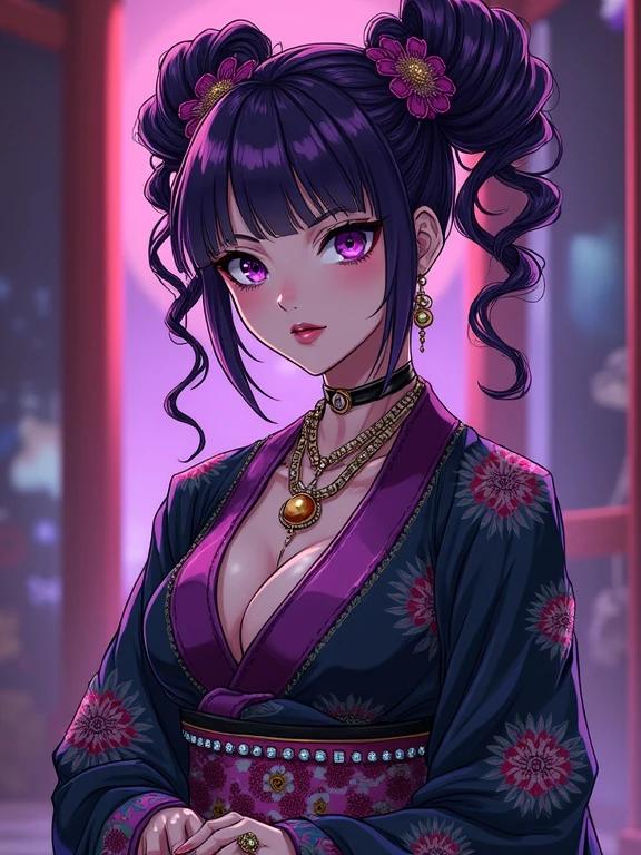 Anime character in a neo-futuristic setting. Woman wearing a black hole society shrine priestess kimono. Long amethyst purple curly pigtails. A lot of amethyst purple diamond jewelry. Muscular build and big breasts. Inside a modern shrine in Kyoto. Praying to her boss.