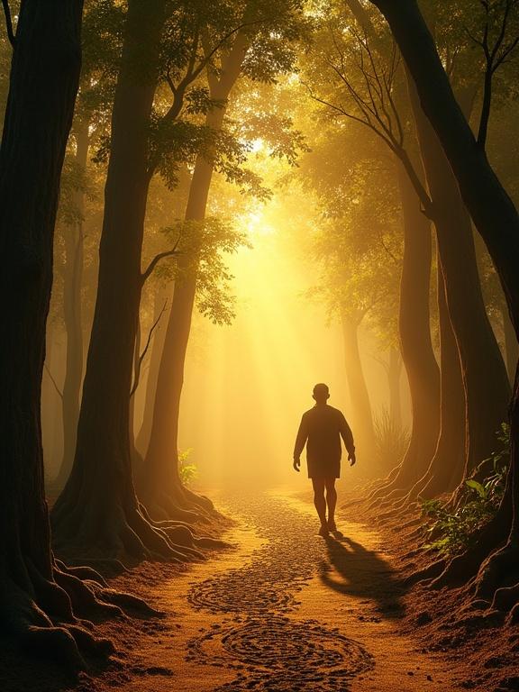 A figure walks along a path in a mystical forest. Golden light filters through the trees creating a serene atmosphere. The ground is marked with symbols, and roots weave across the soil. The scene evokes a sense of anticipation and respect for ancient wisdom.