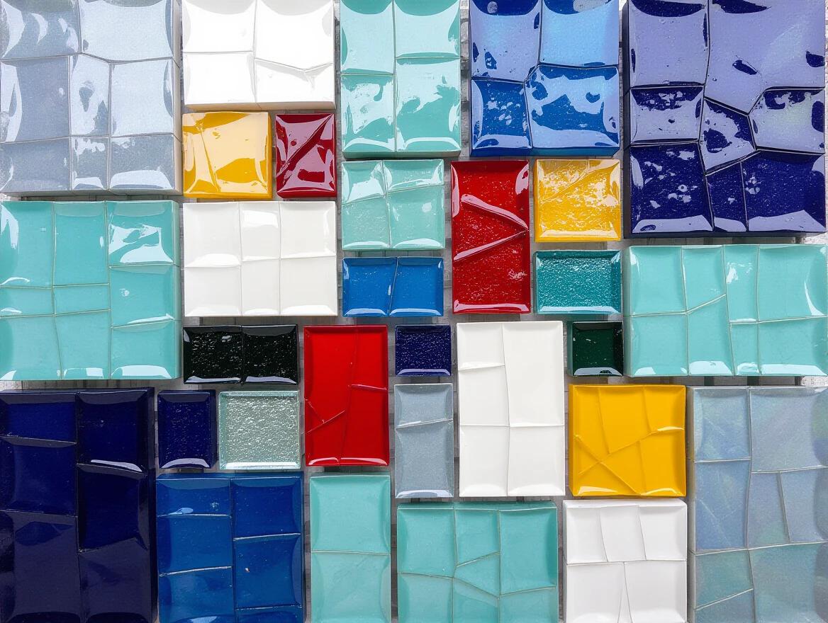 Colorful arrangement of iridescent ceramic tiles and glass mosaics. Features abstract shapes and contrasting colors. Inspired by Mondrian and Dadaism styles. Creates a vibrant, ethereal effect.