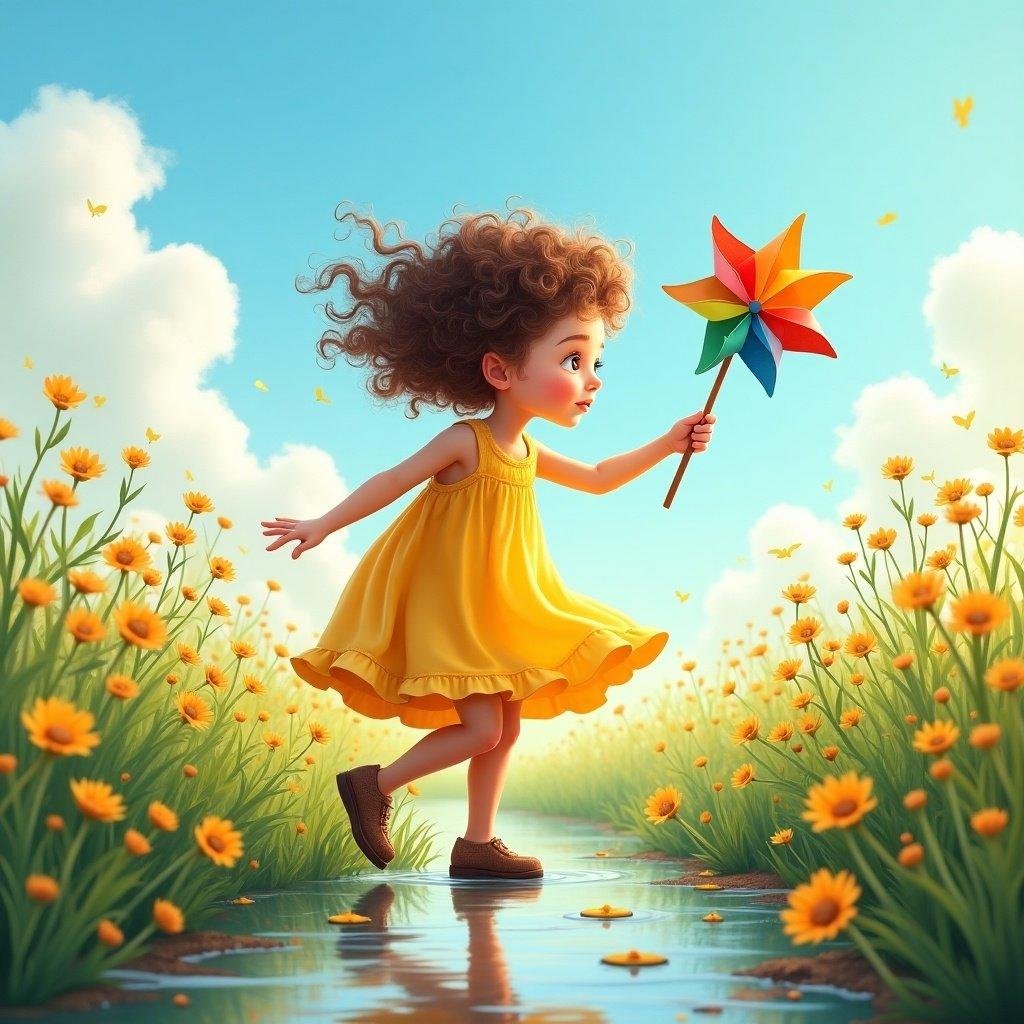 A little girl in a yellow dress playing with a colorful pinwheel in a field of flowers. Bright, sunny day with blue skies and fluffy clouds surrounds her.