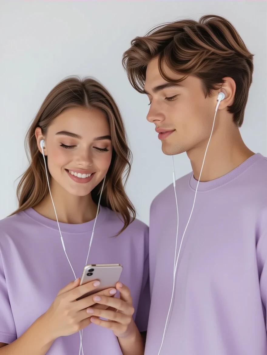 Young woman holds smartphone while listening to music. Young man stands beside her. Both wear light purple shirts. They have relaxed expressions. The background is completely white. Studio lighting creates a minimalistic aesthetic.